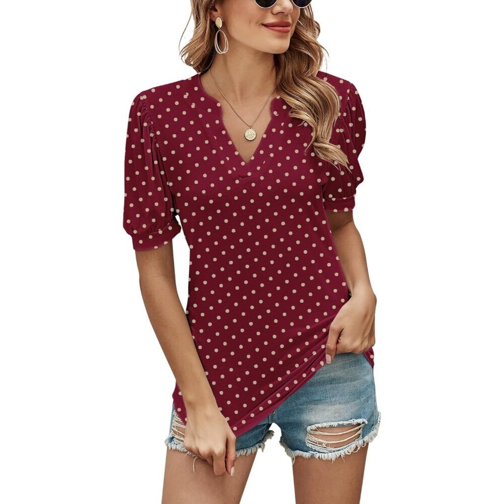 Women V-Neck T-Shirts Loose Puff Short Sleeve Tops Tunic Blouses Casual